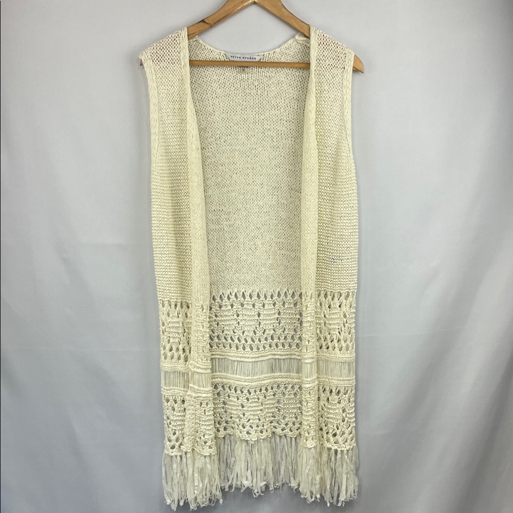 Peter Nygard Cream Fringed Knit Cardigan Vest - Size Small
